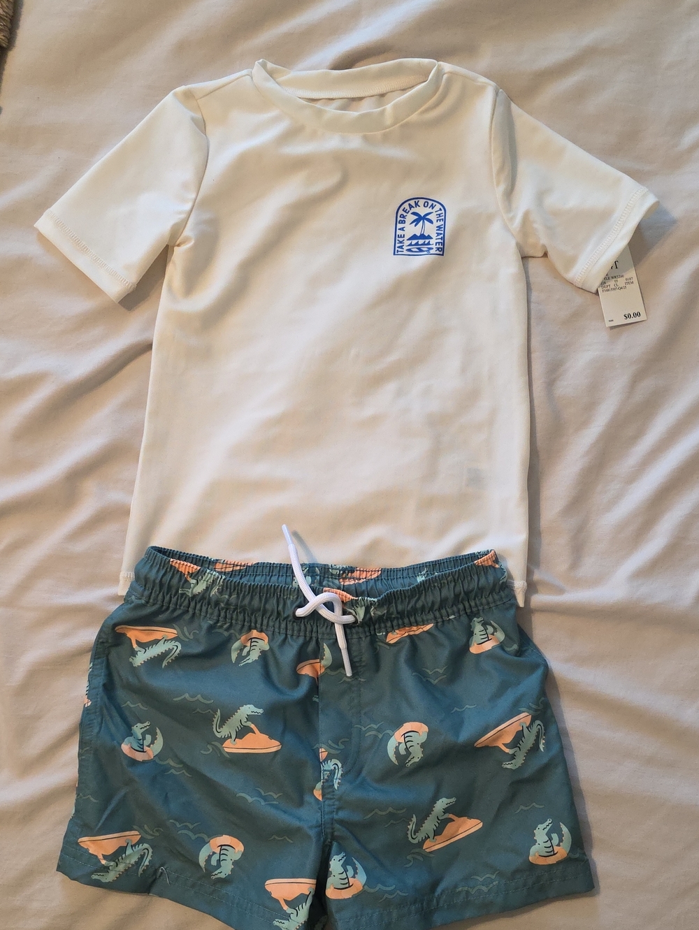 Carter's Teal Swim Trunks with Orange Crocodile & Cream Swim Shirt Cat &Jack